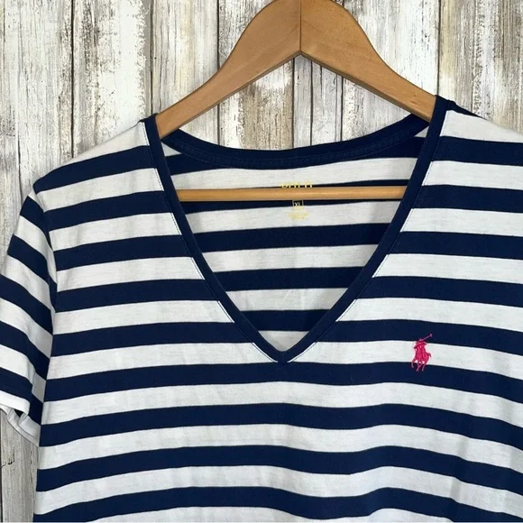 Polo Ralph Lauren Striped V Neck Tee XL Navy White Cotton Women Classic Logo - Picture 3 of 5